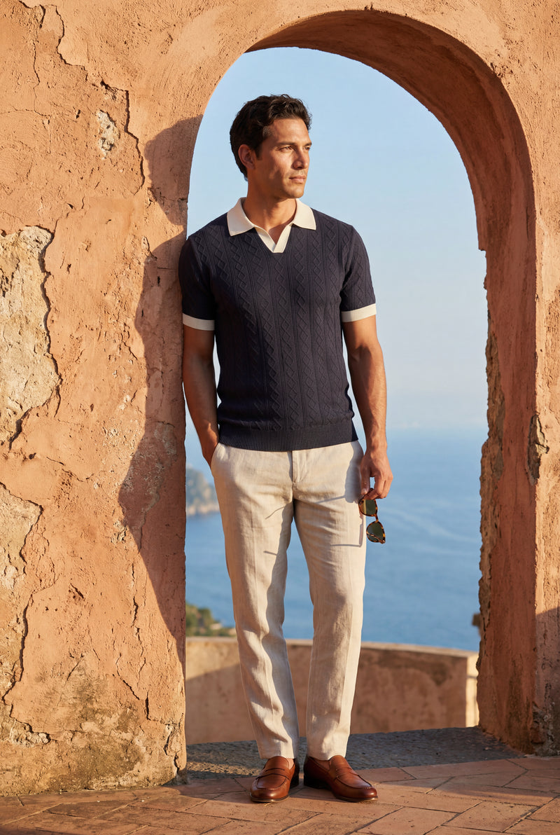 Navy Blue Navy Cable- Contrast Collar Short Sleeve Polo Shirt - Polo shirts - Photo 4