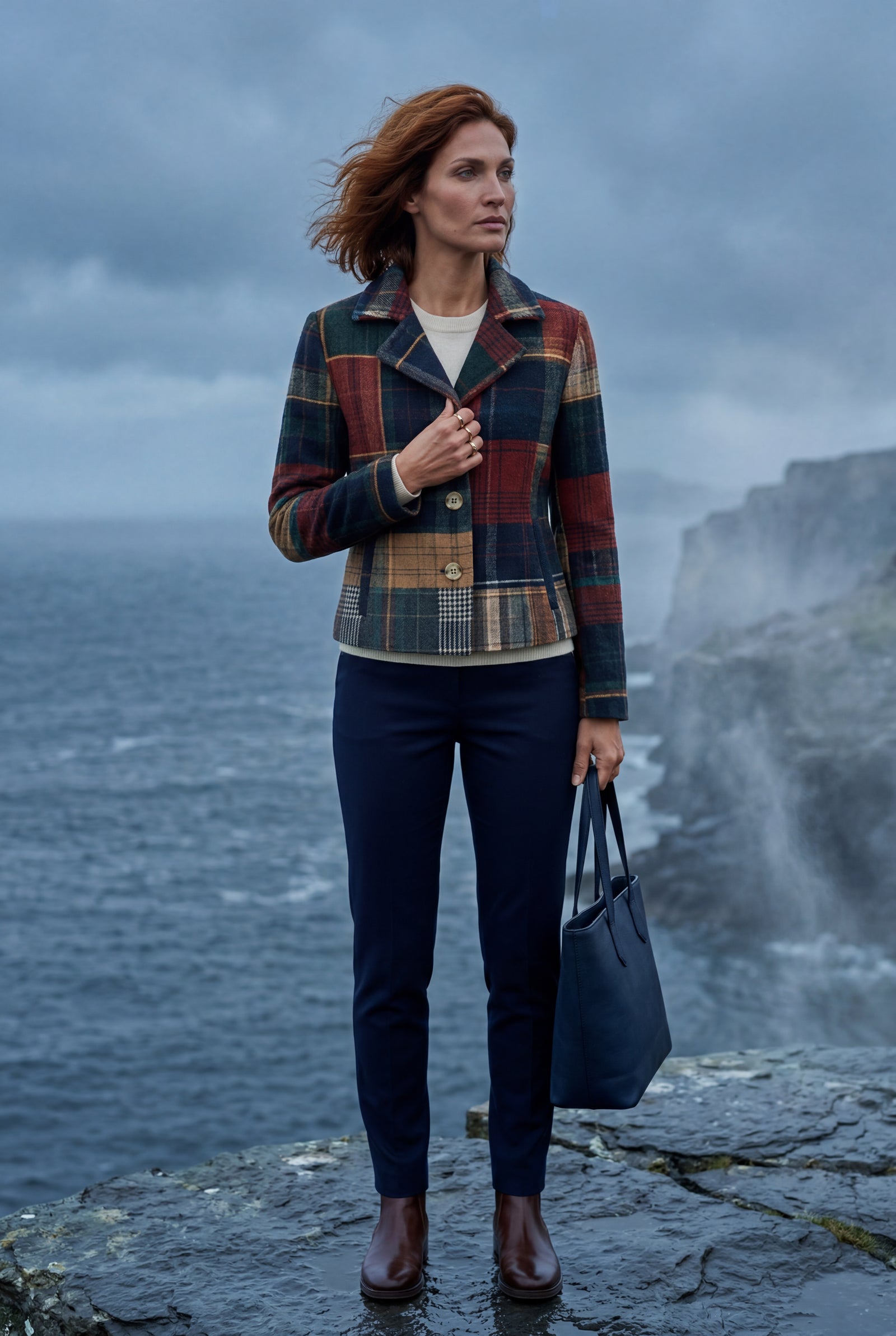 Navy Blue Navy Plaid Tailored Boxy Blazer with Houndstooth Accent - Winter coats - Photo 4