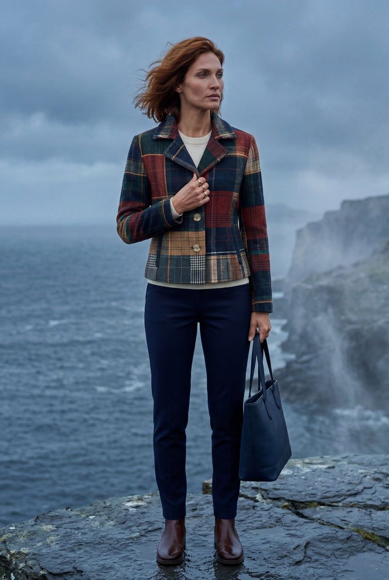 Navy Blue Navy Plaid Tailored Boxy Blazer with Houndstooth Accent - Winter coats - Photo 4