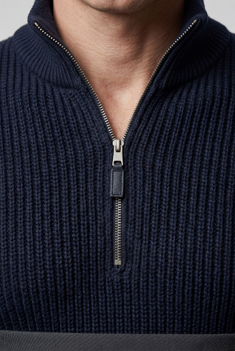 Navy Blue Navy Ribbed Half-zip Mock Neck Sweater - Semi turtleneck sweater - Photo 3