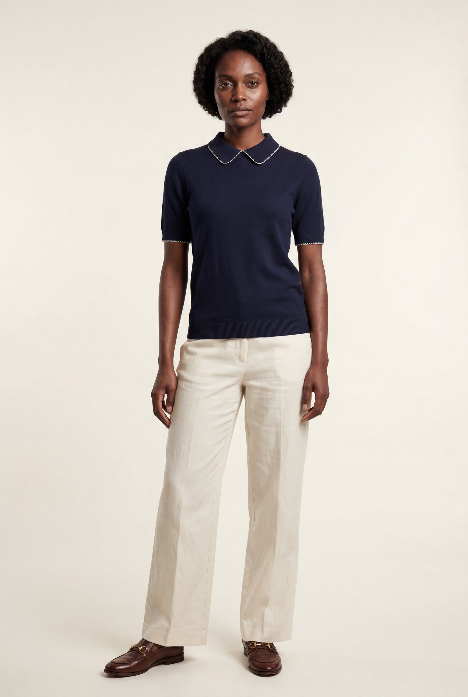 Navy Blue Navy Short Sleeve Top with Contrast Scalloped Collar - Short Sleeve Tops - Photo 1