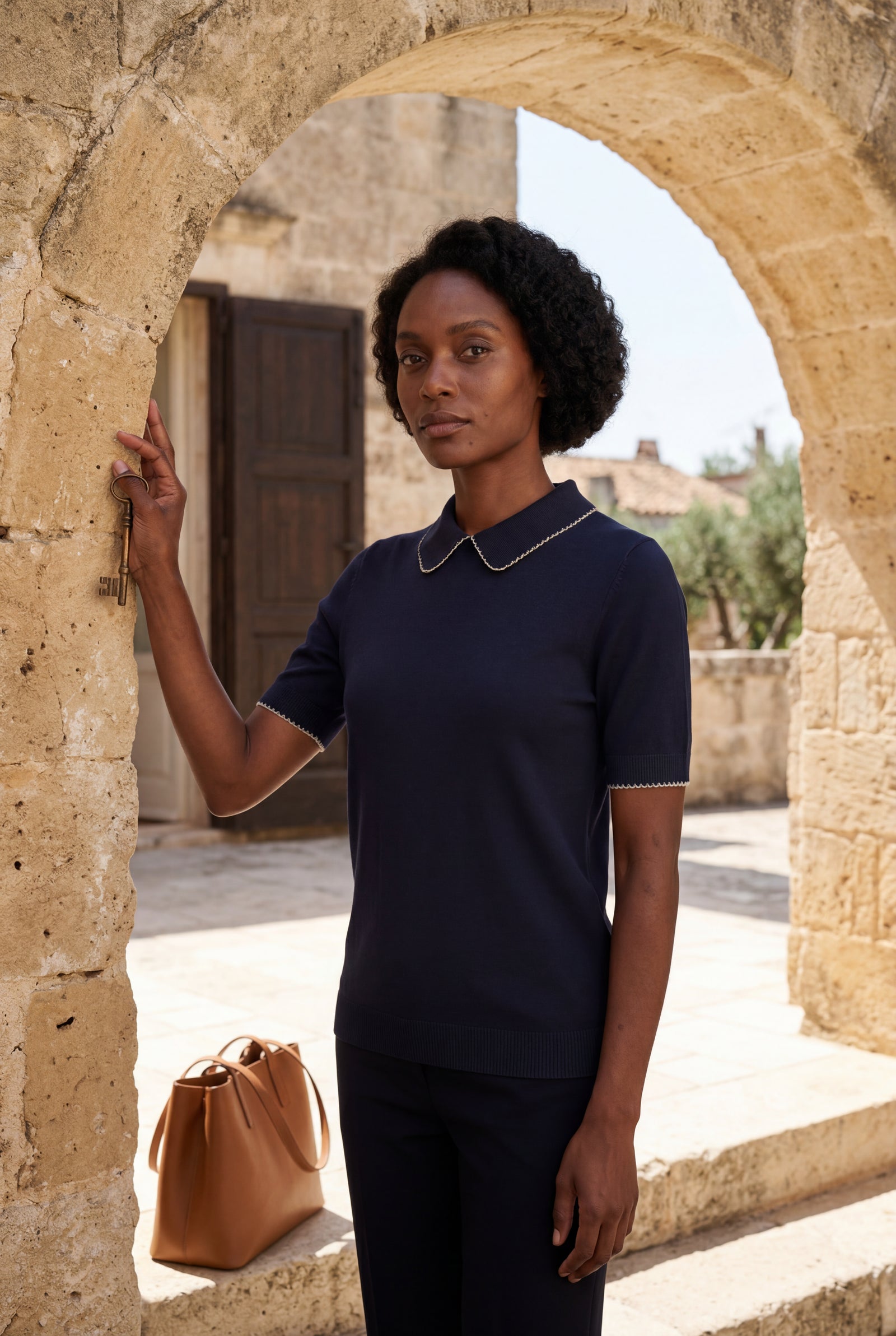 Navy Blue Navy Short Sleeve Top with Contrast Scalloped Collar - Short Sleeve Tops - Photo 4