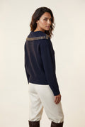 Navy Blue Navy Studded V-neck Chunky Sweater with Gold Accents - V-neck sweater - Photo 2