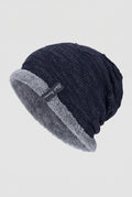 Plush-Lined Slouchy Beanie in Navy Blue — studio front
