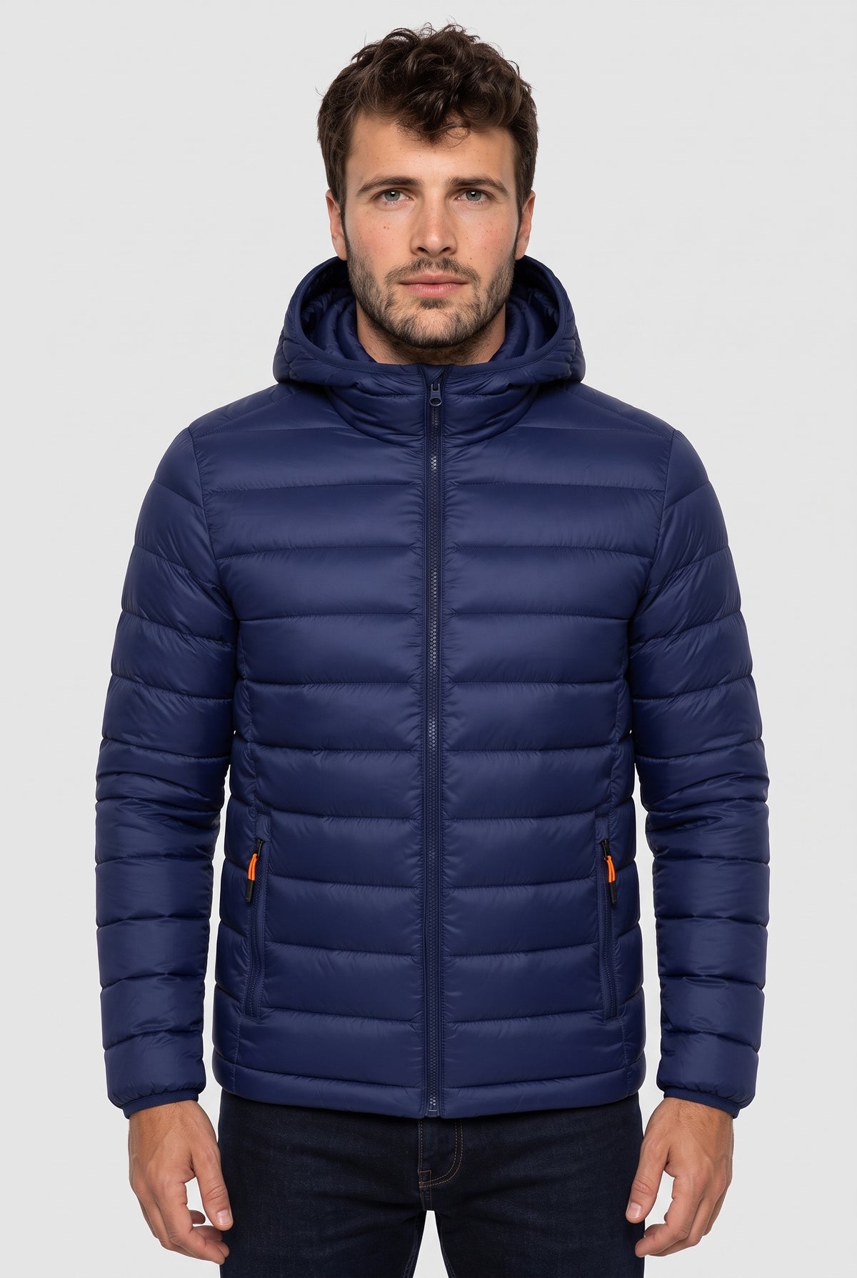 Polyester Hooded Puffer Jacket in Navy Blue — studio front