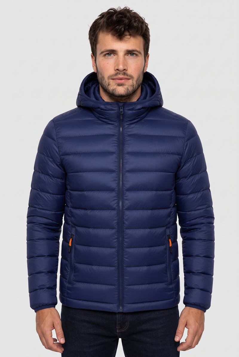 Polyester Hooded Puffer Jacket in Navy Blue — studio front