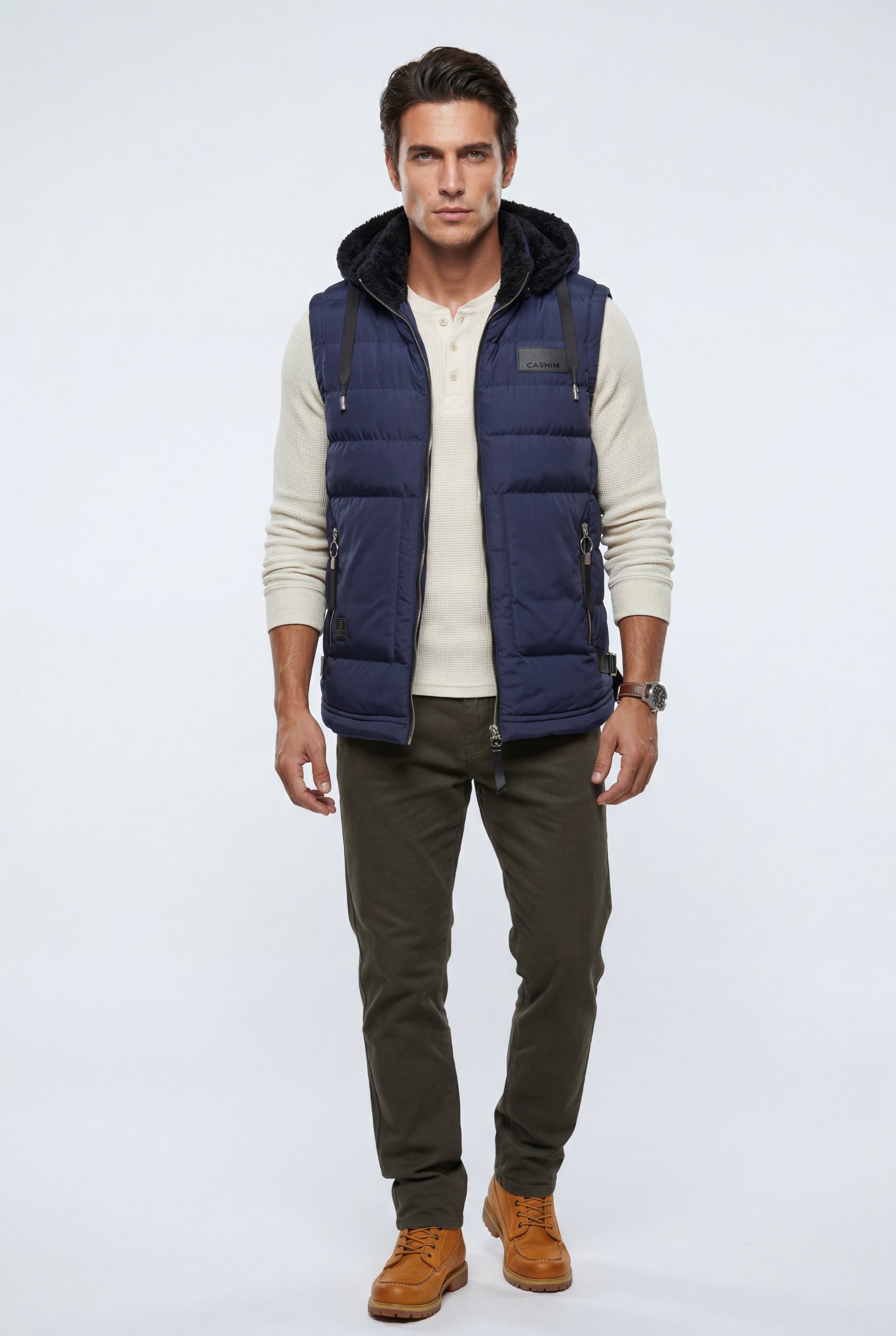 Navy Blue Quilted Hooded Puffer Vest with Zip Pockets - Hooded vests - Photo 2