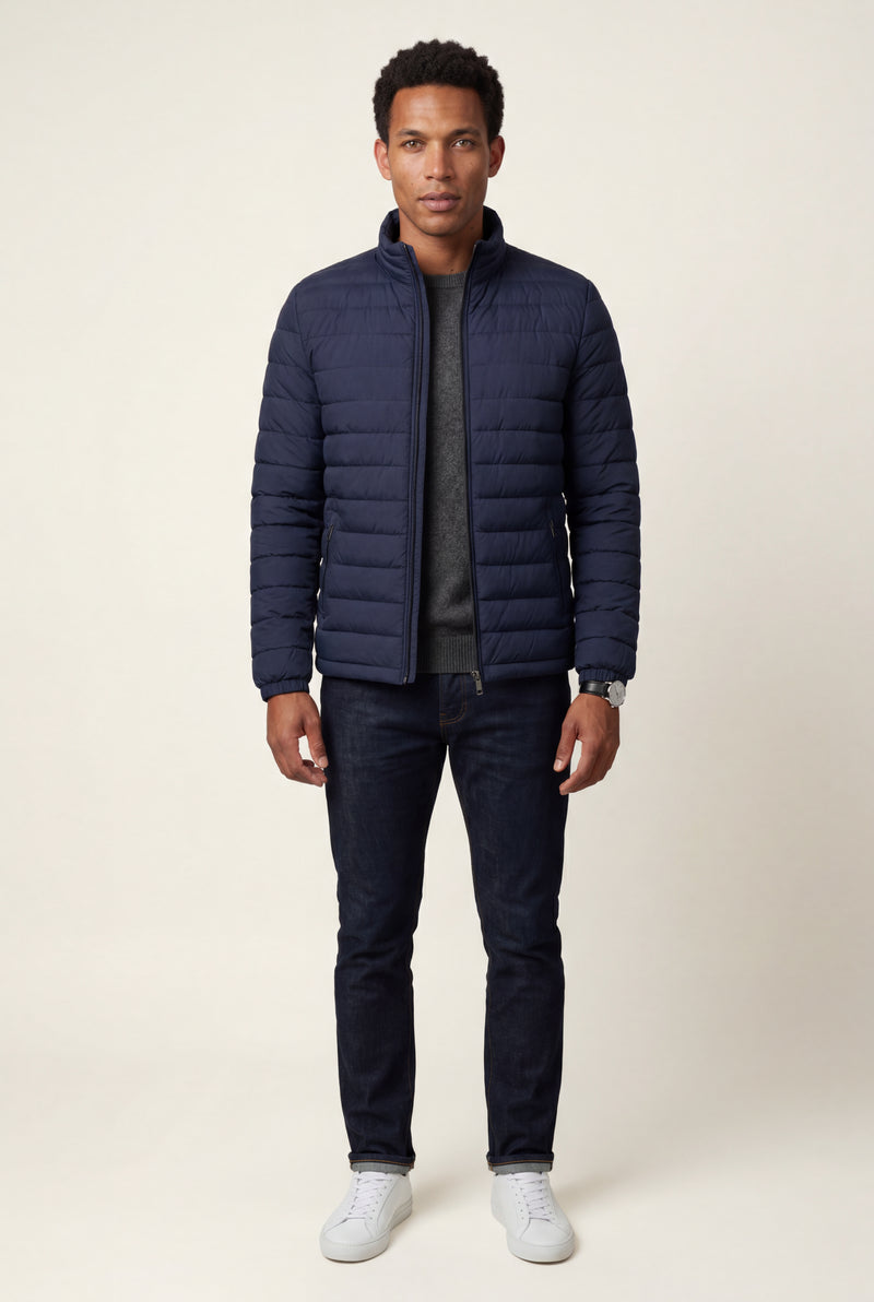Navy Blue Quilted Stand Collar Lightweight Puffer Jacket - Lightweight jackets - Photo 2