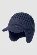 Rib Knit Earflap Beanie in Navy Blue — studio front