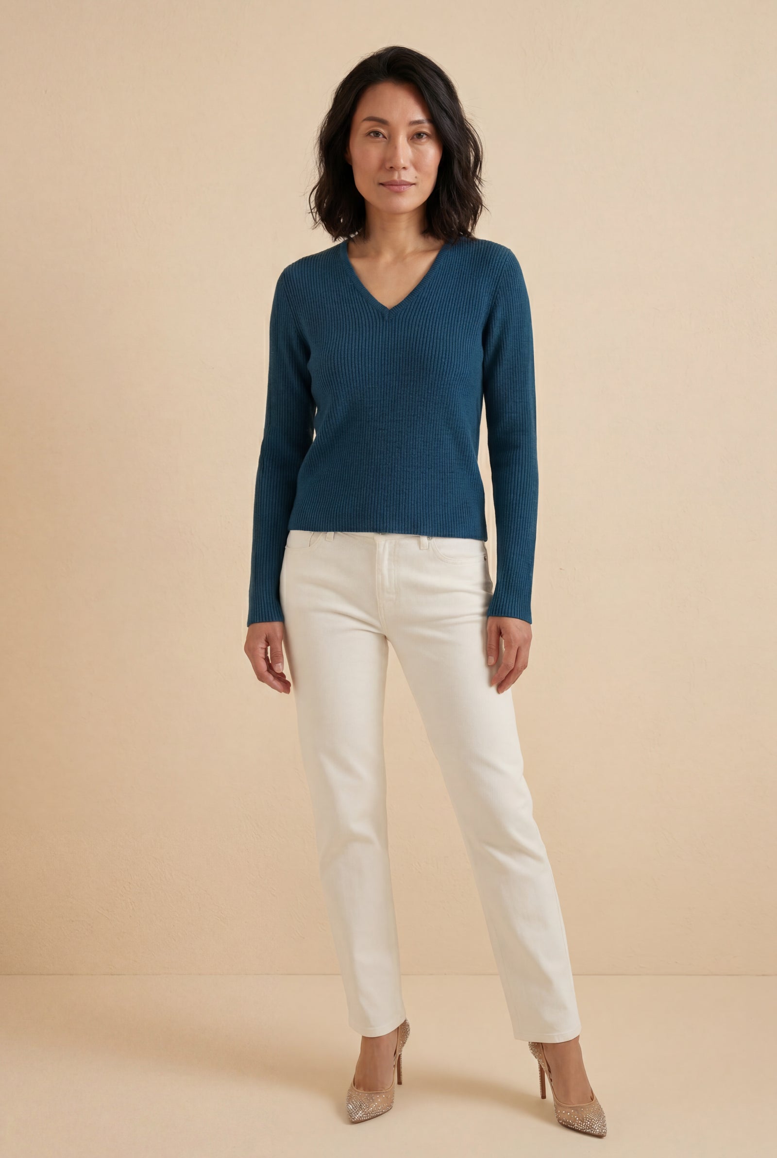 Ribbed V-Neck Sweater - Navy Blue - Photo 1