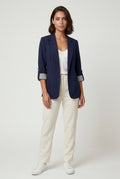 Navy Blue Roll-tab Sleeve Single-breasted Relaxed Blazer - Blazers - Photo 15