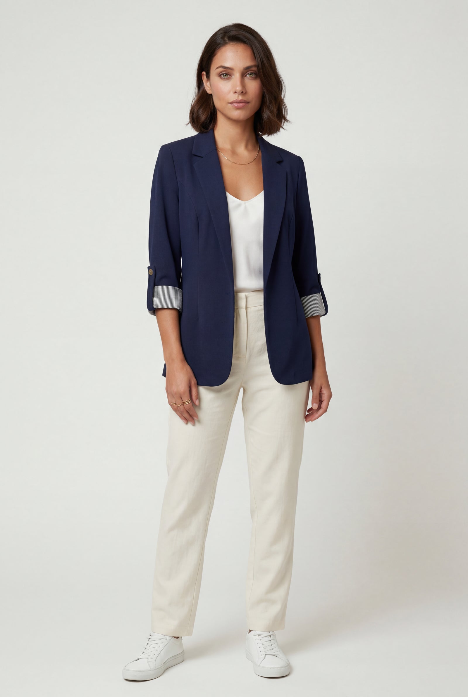 Navy Blue Roll-tab Sleeve Single-breasted Relaxed Blazer - Blazers - Photo 15