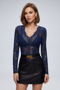 Navy Blue Scalloped Floral Lace Long Sleeve Bodysuit Top - Lace top - Photo 2