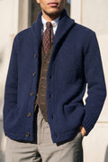 Shawl Collar Knit Cardigan in Navy Blue — studio front