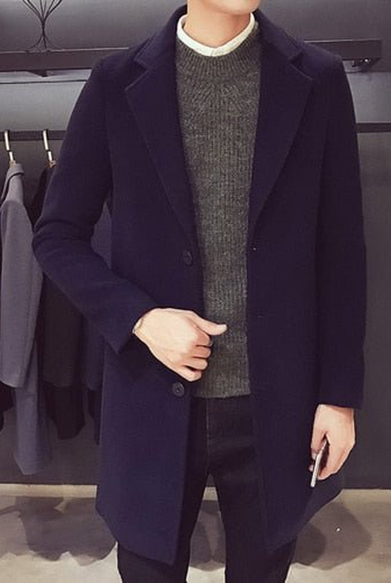 Single-Breasted Cotton Overcoat in Navy Blue — front view