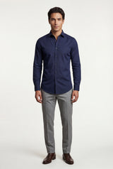 Navy Blue Slim Fit Long Sleeve Dress Shirt with Spread Collar - Dress Shirts - Photo 1