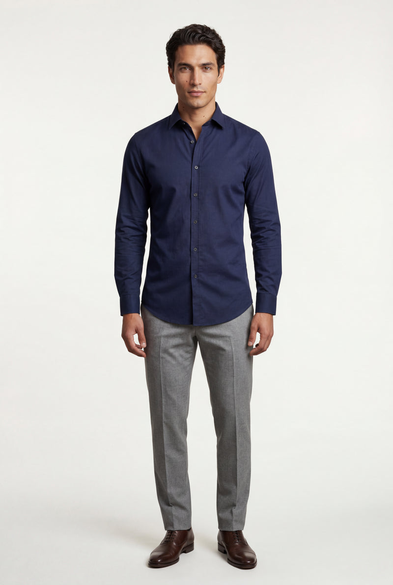 Navy Blue Slim Fit Long Sleeve Dress Shirt with Spread Collar - Dress Shirts - Photo 1