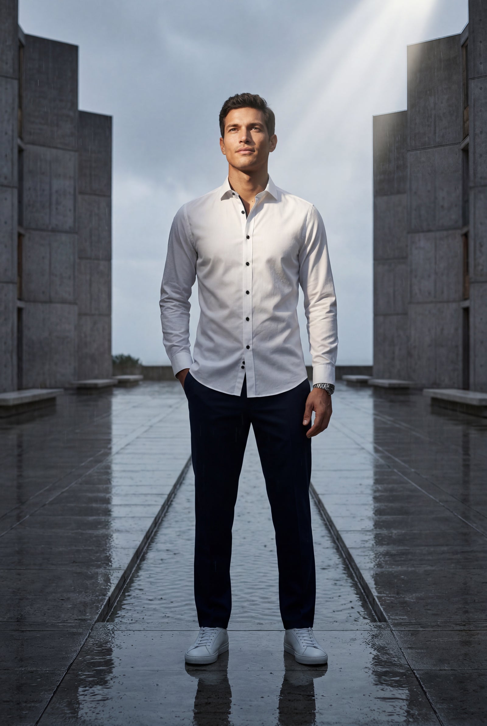 White Slim Fit Long Sleeve Dress Shirt with Spread Collar - Dress Shirts - Photo 11