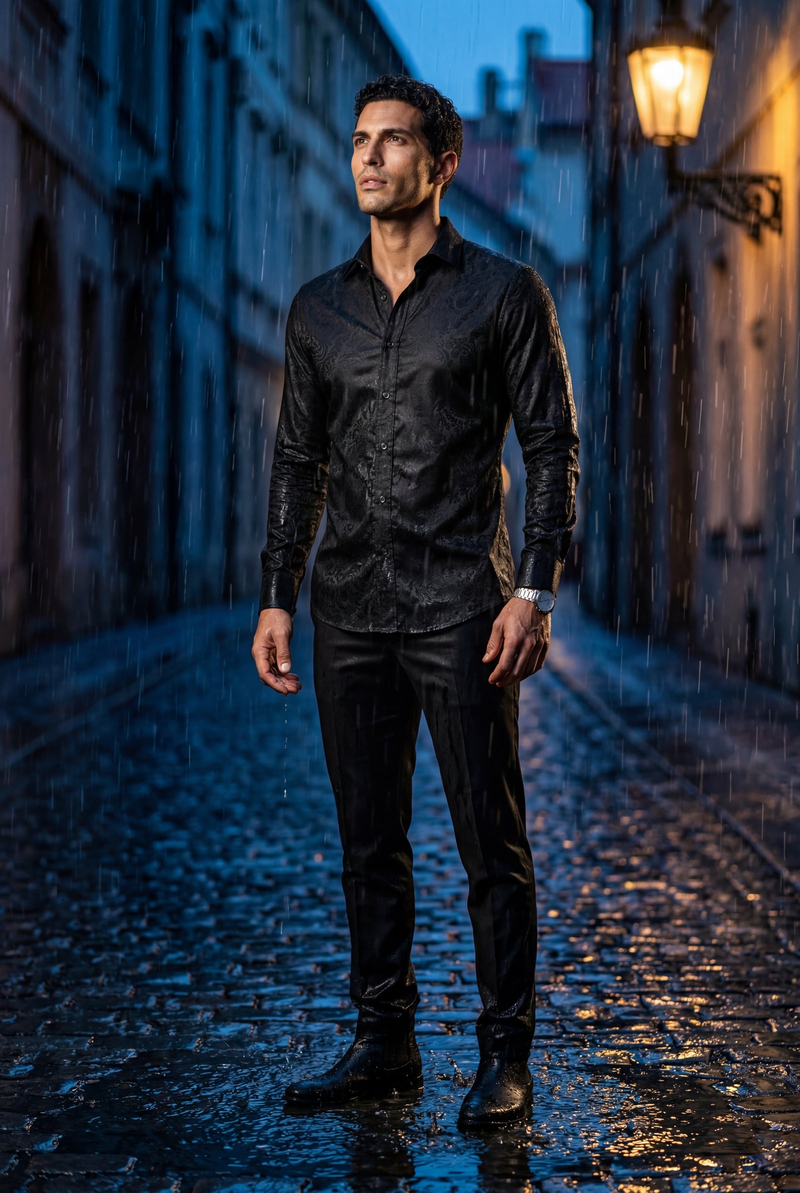 Black Slim Fit Long Sleeve Dress Shirt with Spread Collar - Dress Shirts - Photo 13
