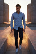 Light Blue Slim Fit Long Sleeve Dress Shirt with Spread Collar - Dress Shirts - Photo 14