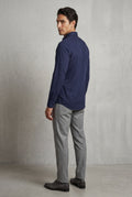 Navy Blue Slim Fit Long Sleeve Dress Shirt with Spread Collar - Dress Shirts - Photo 3