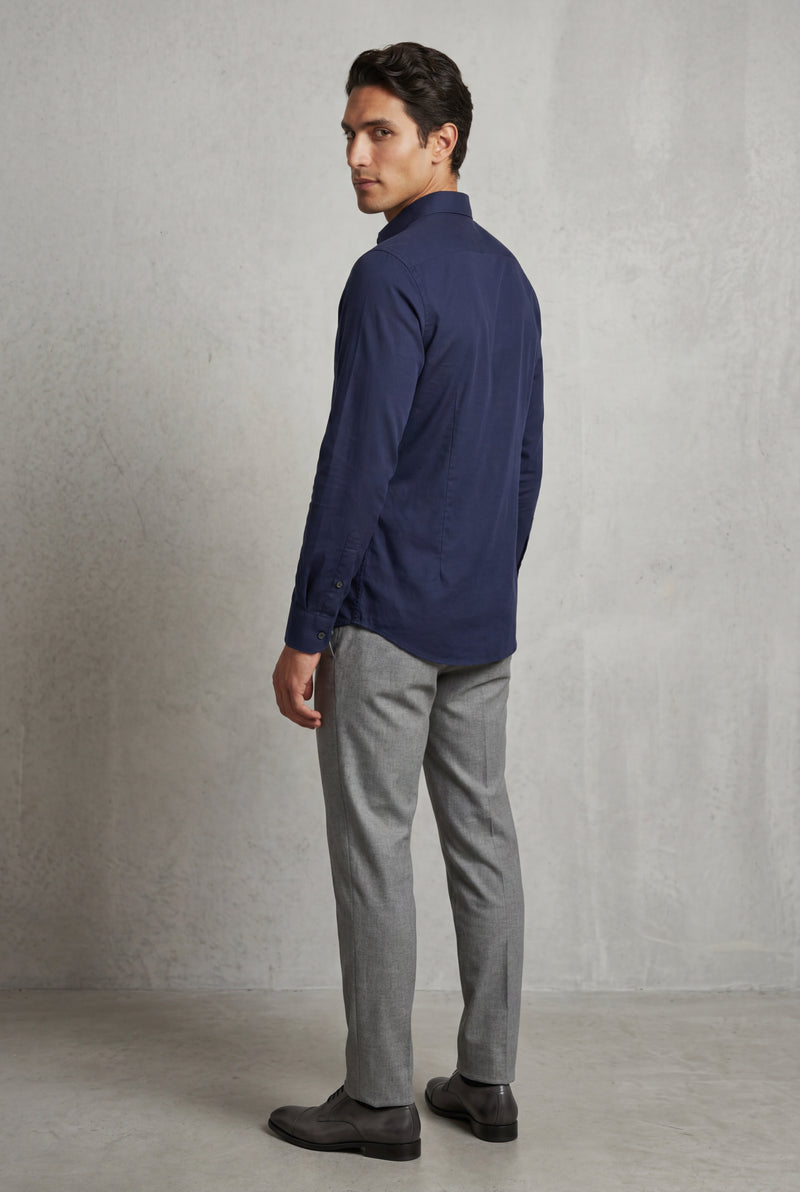 Navy Blue Slim Fit Long Sleeve Dress Shirt with Spread Collar - Dress Shirts - Photo 3