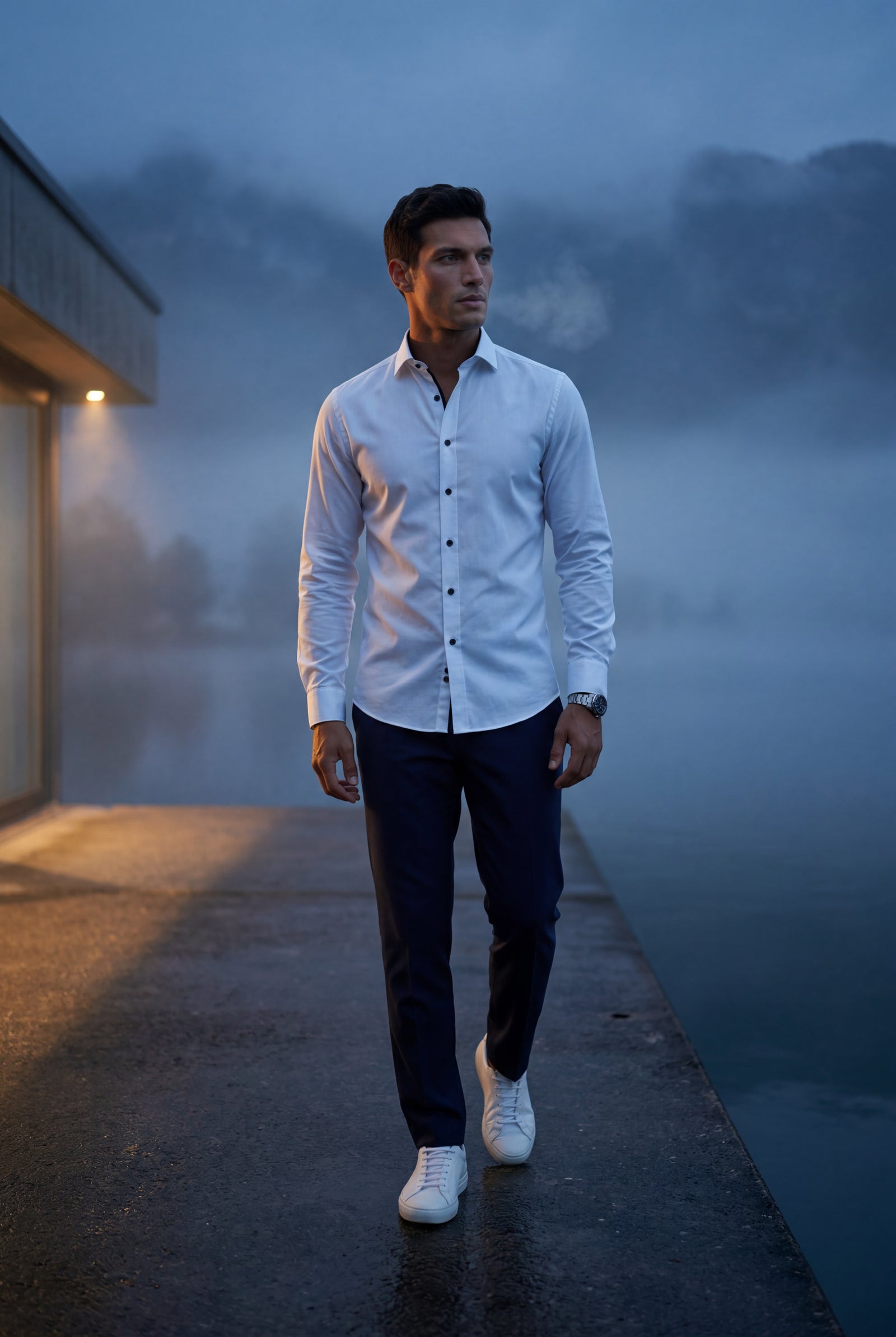 White Slim Fit Long Sleeve Dress Shirt with Spread Collar - Dress Shirts - Photo 8