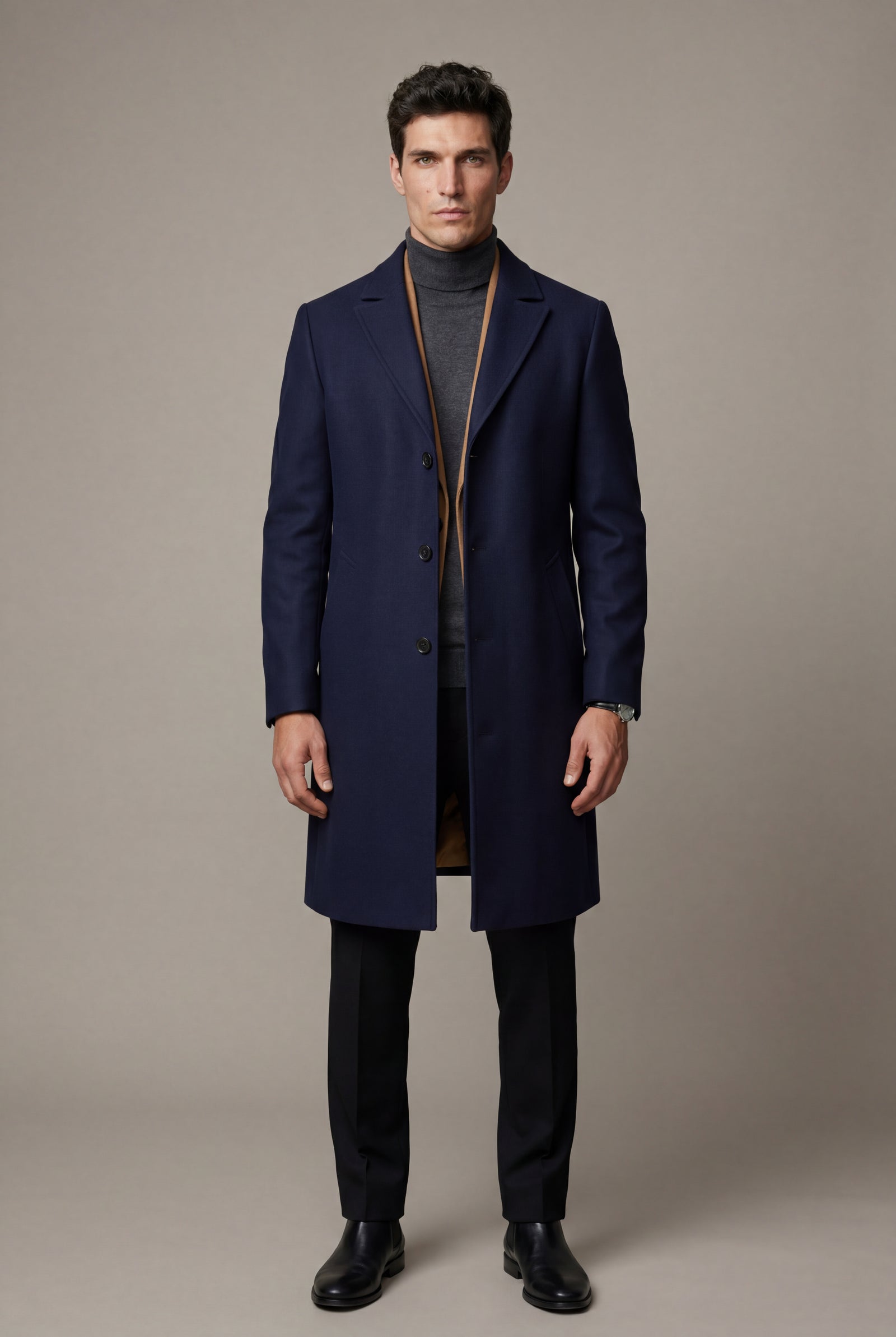 Navy Blue Slim Tailored Single-breasted Overcoat with Notched Lapel - Photo 9