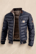 Stand Collar Puffer Jacket in Navy Blue — Stilenza main image