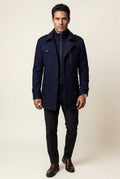 Navy Blue Stand Collar Slim Fit Winter Coat with Button Tab - Slim fit winter coats - Photo 16