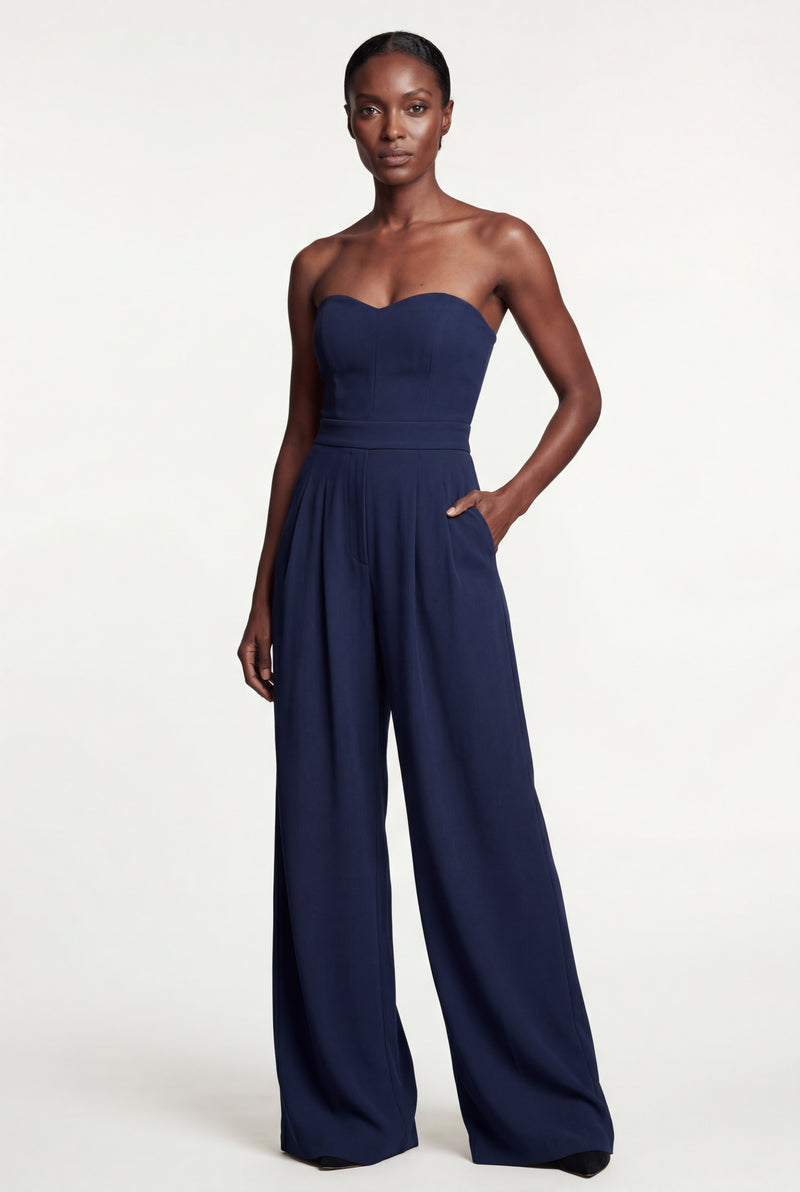 Navy Blue Strapless Wide-leg Tailored Jumpsuit with Pleated Waist - Wide leg jumpsuit - Photo 1