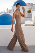 Beige Strapless Wide-leg Tailored Jumpsuit with Pleated Waist - Wide leg jumpsuit - Photo 5