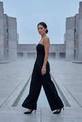 Black Strapless Wide-leg Tailored Jumpsuit with Pleated Waist - Wide leg jumpsuit - Photo 7