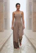 Beige Strapless Wide-leg Tailored Jumpsuit with Pleated Waist - Wide leg jumpsuit - Photo 8