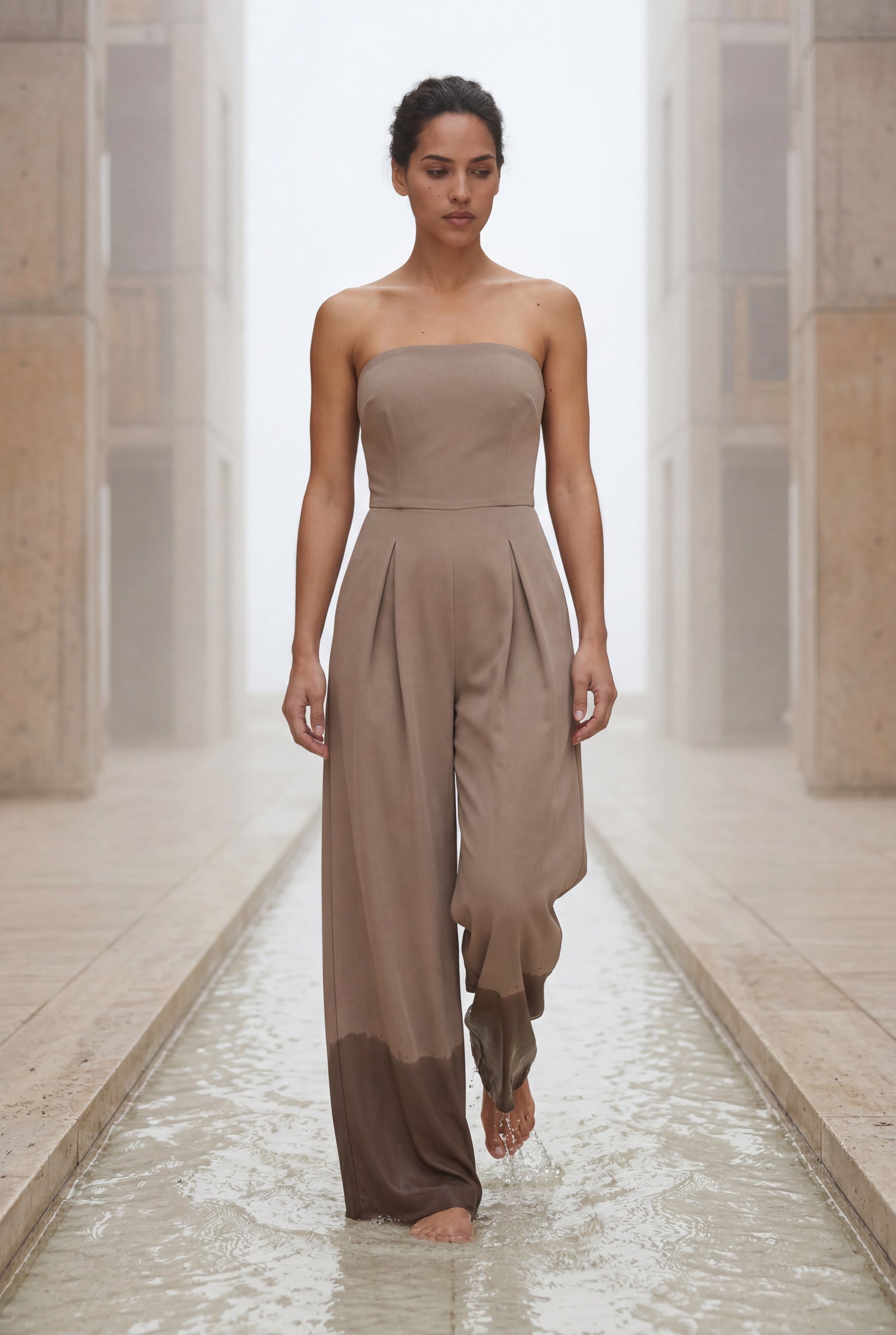 Beige Strapless Wide-leg Tailored Jumpsuit with Pleated Waist - Wide leg jumpsuit - Photo 8