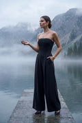 Black Strapless Wide-leg Tailored Jumpsuit with Pleated Waist - Wide leg jumpsuit - Photo 9