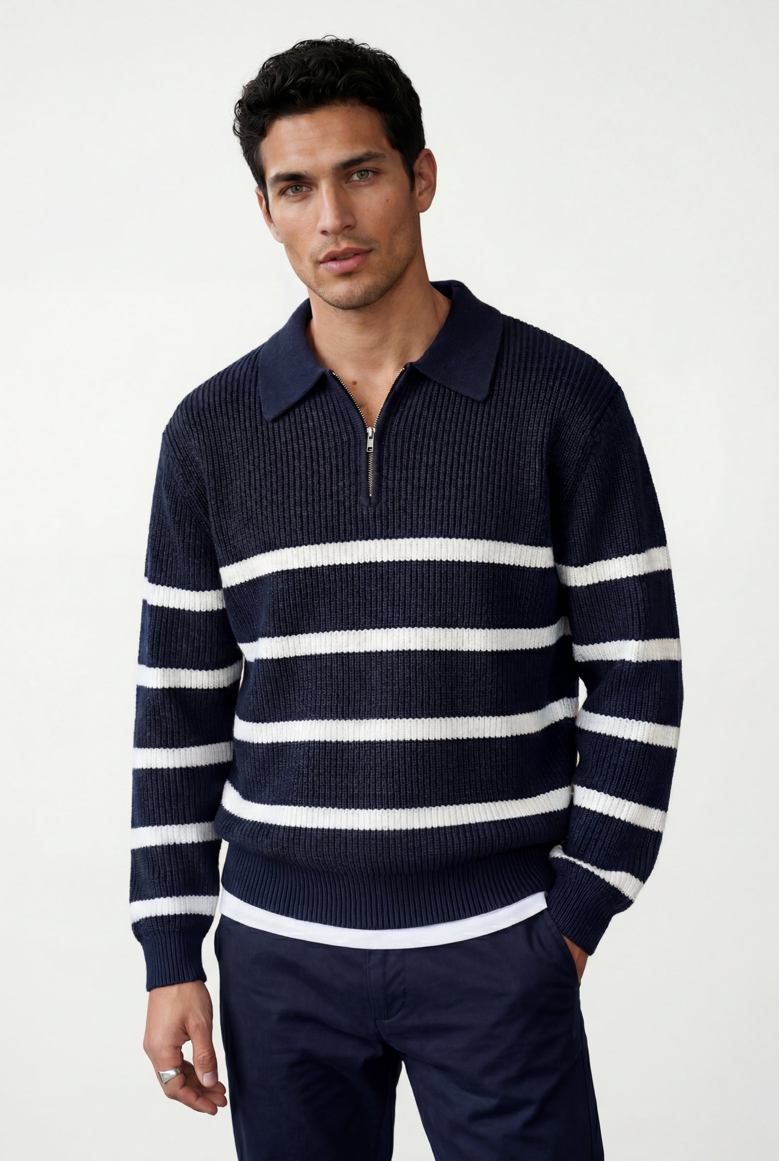 Navy Blue Striped Half-zip Sweater with Collared Neckline - Knit sweaters - Photo 2