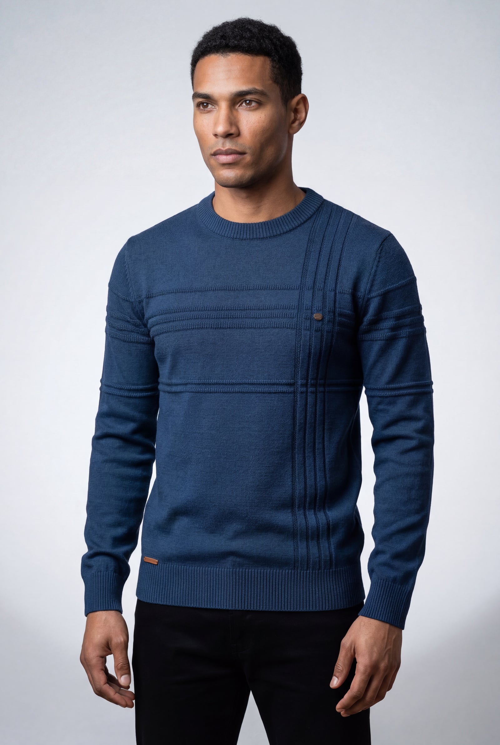Navy Blue Structured Tonal Textured Crewneck Sweater - Structured sweater - Photo 12