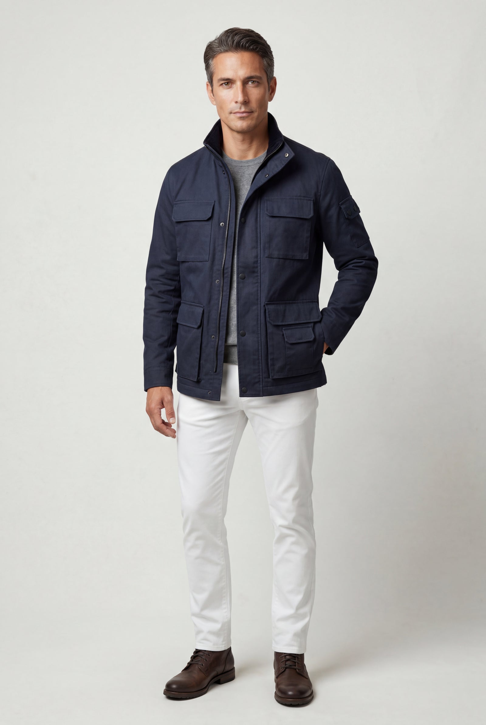 Navy Blue Structured Utility Field Jacket with Classic Collar - Transitional jacket - Photo 1