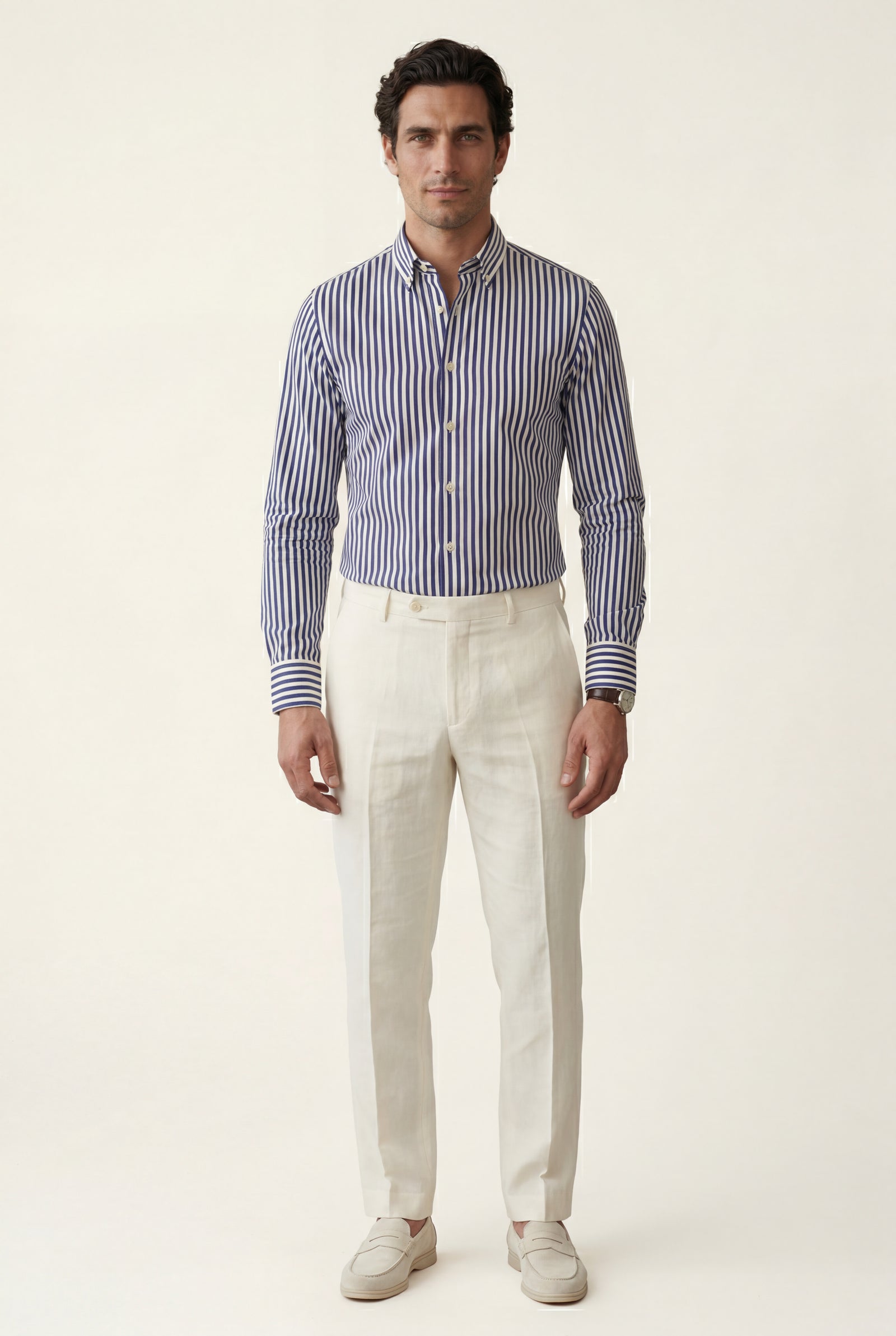 Navy Blue Tailored Vertical Stripe Button-down Dress Shirt - Dress Shirts - Photo 16