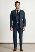 Navy Blue Textured Three-piece Suit with Notched Lapels - Photo 9