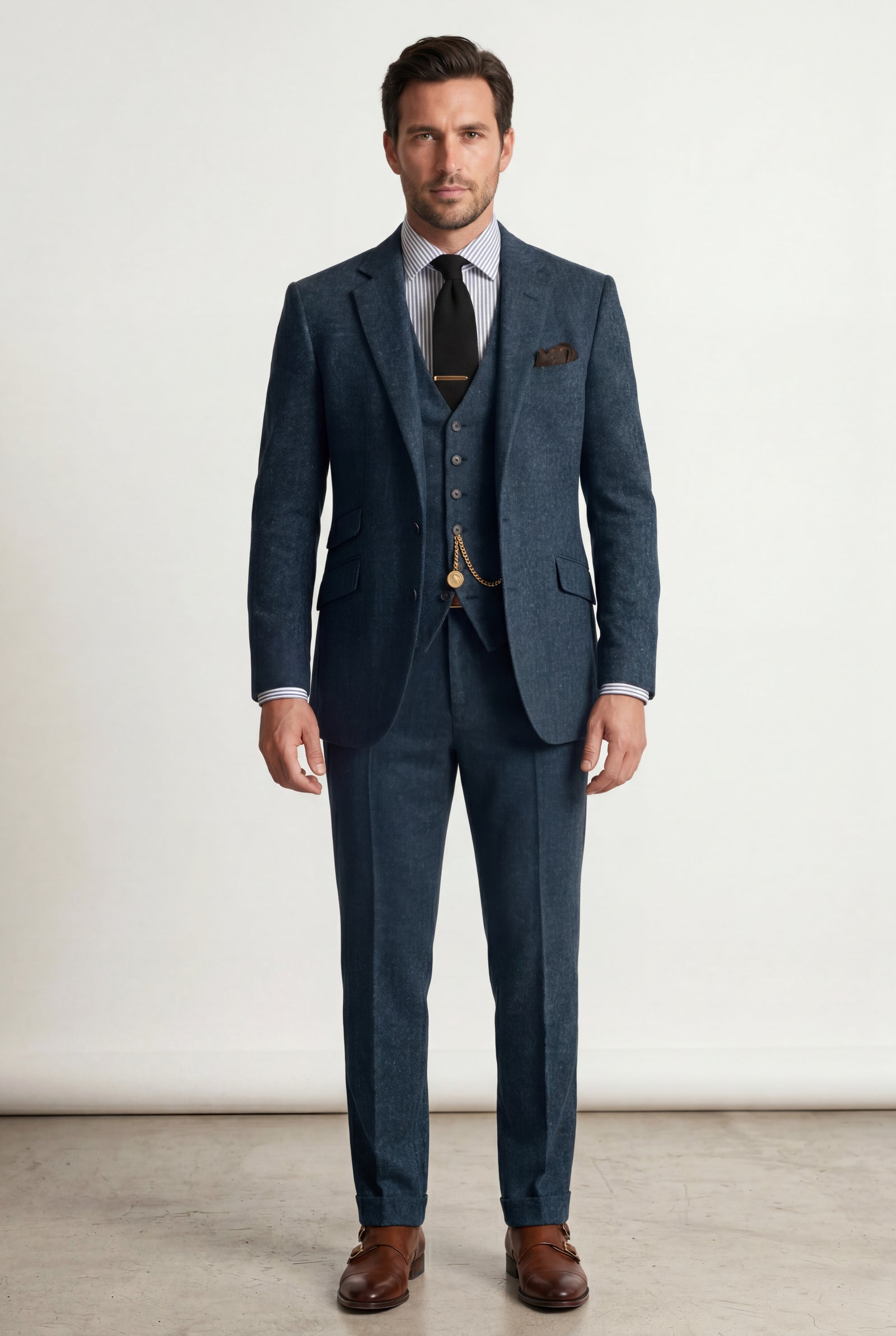 Navy Blue Textured Three-piece Suit with Notched Lapels - Photo 9