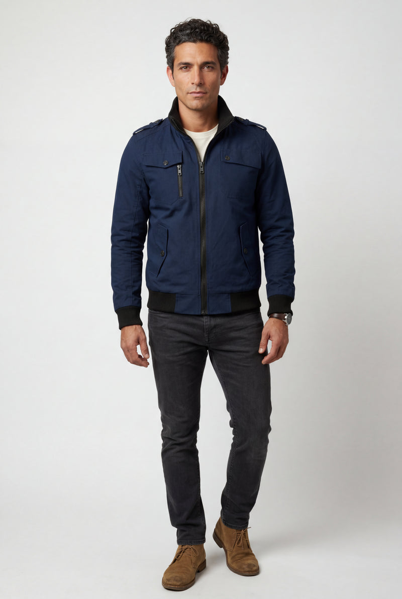 Navy Blue Utility Zip Pocket Bomber Jacket with Epaulettes - Photo 2