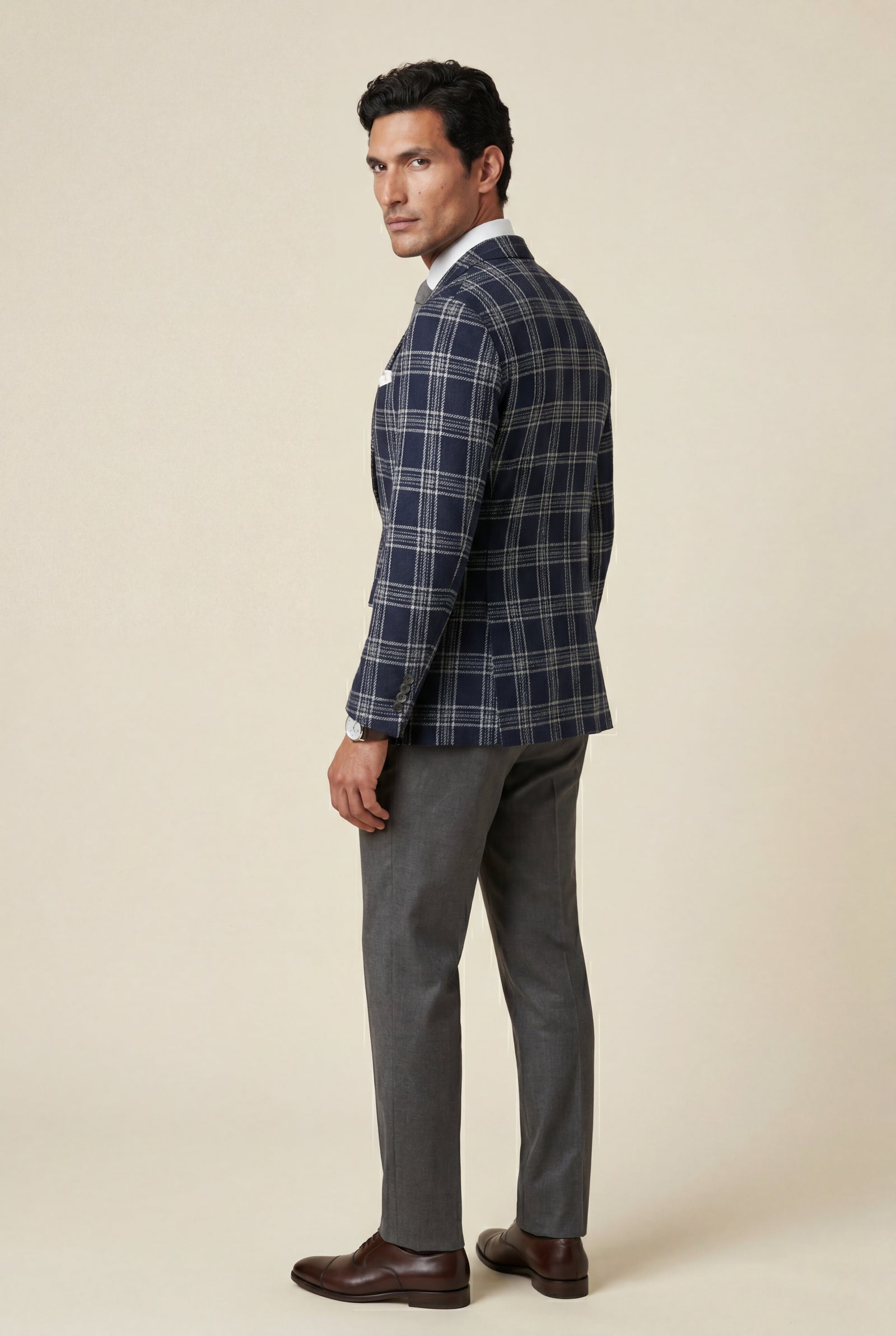 Navy Blue Windowpane Check Tailored Slim Fit Blazer - Tailored blazers - Photo 13