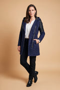 Women's Coat Hooded Elegant in Navy Blue — studio front full body