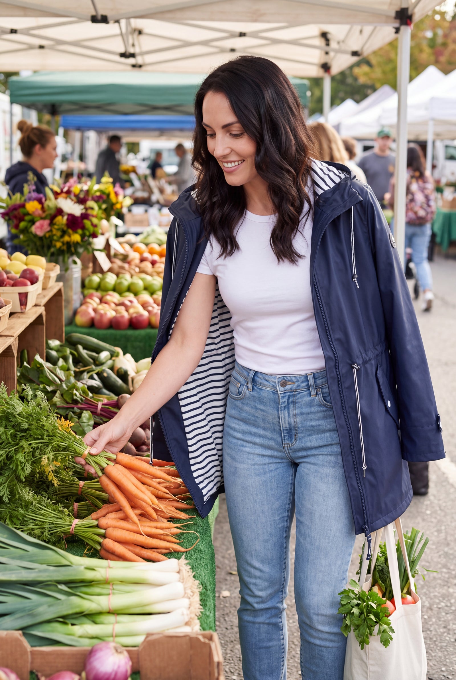 Women's Hooded Jacket Relaxed Fit in Navy Blue — candid outdoor