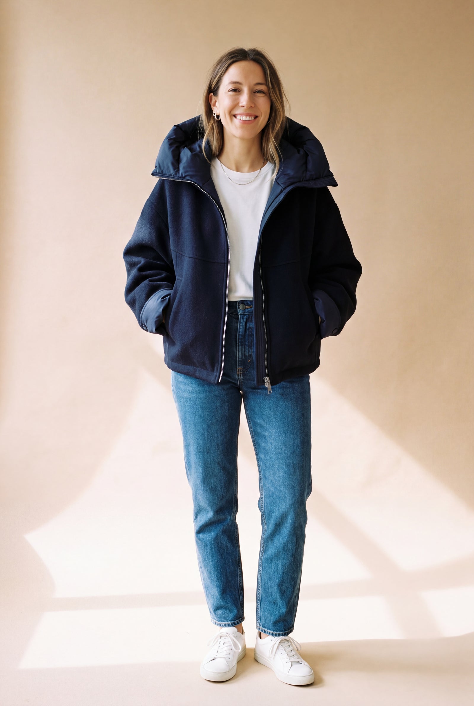 Women's Hooded Jacket Zipper Closure in Navy Blue — primary studio fullbody