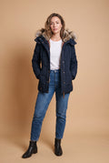 Women's Jacket Faux Fur Collar in Navy Blue — primary studio