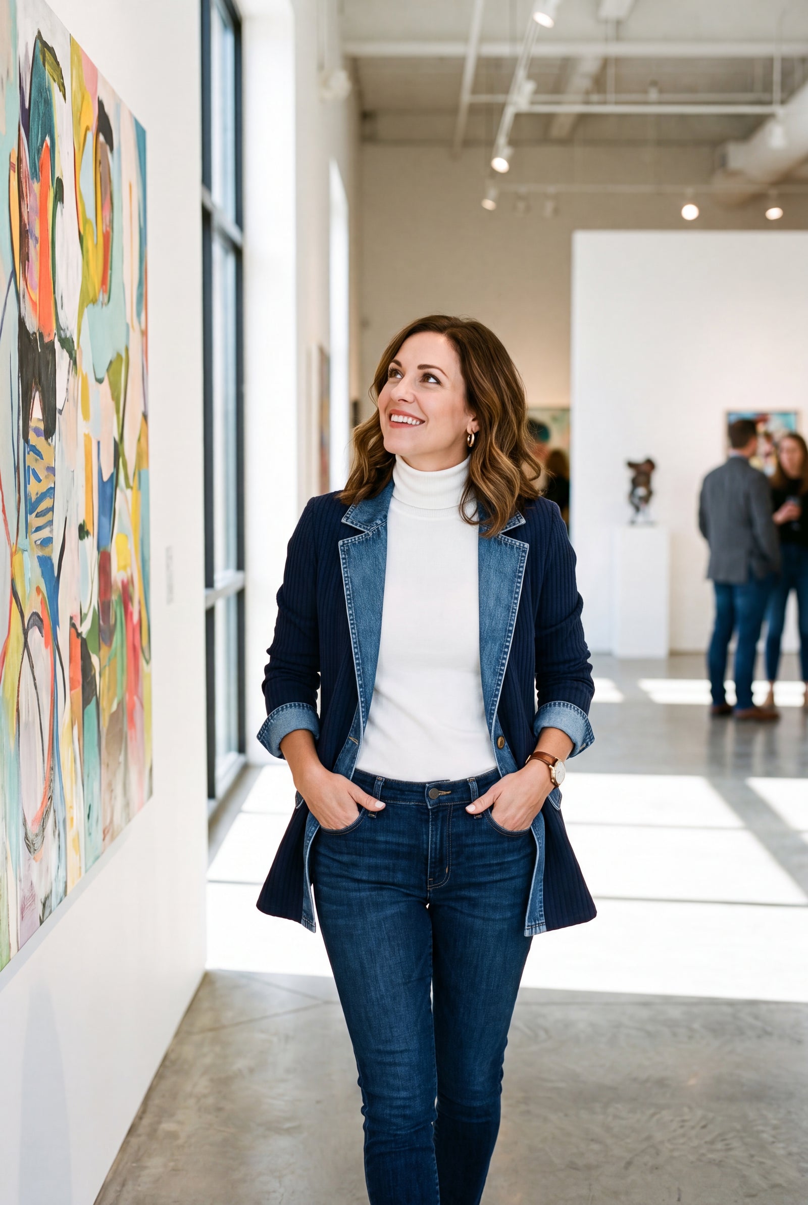 Women's Jacket Layered Collar Button in Navy Blue — lifestyle gallery