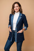 Women's Jacket Layered Collar Button in Navy Blue — studio full body